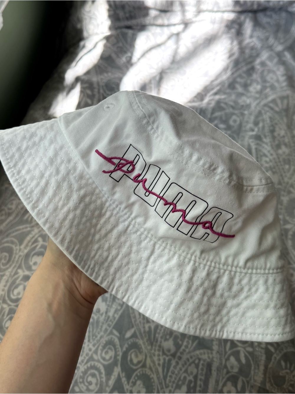 Puma White Bucket Hat with Pink Script Logo